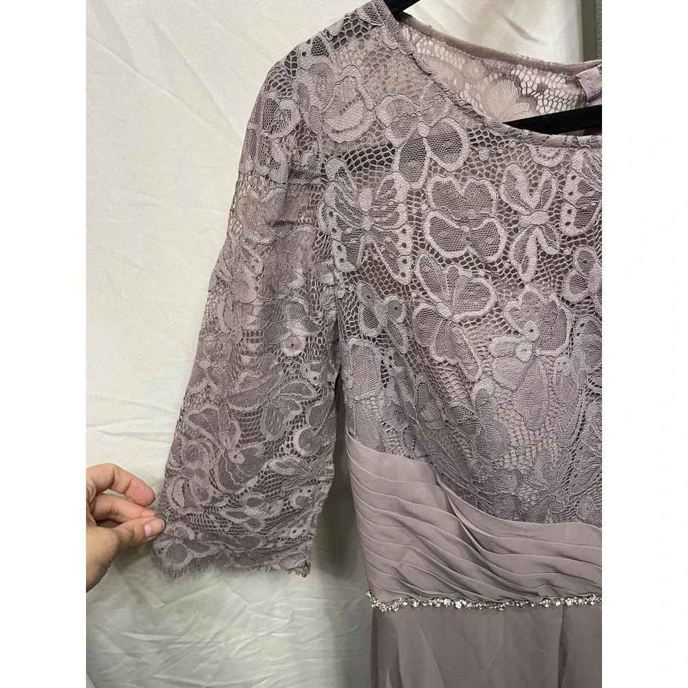 JJ's House dusty  Mauve Lace Chiffon Gown with Rhinestone Belt 3/4 Sleeve Dress - Picture 3 of 6